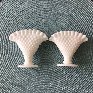 Vintage White Hobnail Crimped Footed Fan Vase - Pair
